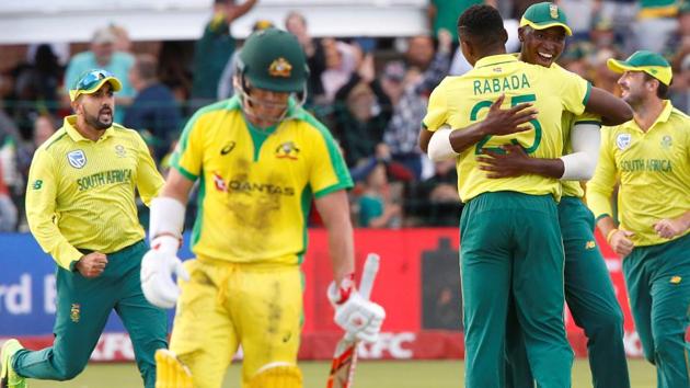 South Africa's Kagiso Rabada celebrates after taking the wicket of Australia's Matthew Wade.(Action Images via Reuters)