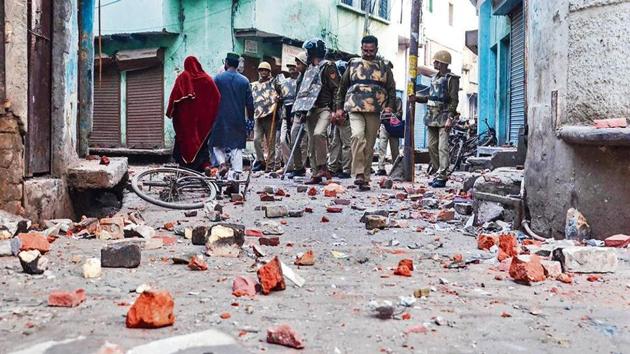 The clashes broke out shortly after a Bhim Army-led march by hundreds of anti-CAA protesters heading to the district collectorate earlier were stopped midway by police and Rapid Action Force.(PTI Photo)