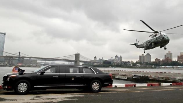 A Marine One helicopter carrying US President Donald Trump lands behind ‘The Beast’ in this file photo.(Reuters)