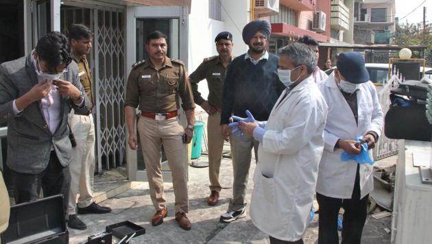 A team from the Central Forensic Science Laboratory, Sector 36, at the ravaged paying guest accommodation in Sector 32, Chandigarh, on Sunday. (HT PHOTO) A team from the Central Forensic Science Laboratory, Sector 36, at the ravaged paying guest accommodation in Sector 32, Chandigarh, on Sunday. (HT PHOTO)