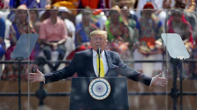 U.S. President Donald Trump speaks at Sardar Patel Stadium in Ahmedabad. (AP)