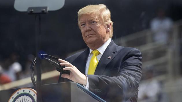 President Donald Trump speaks during a "Namaste Trump," event at Sardar Patel Gujarat Stadium.(AP)