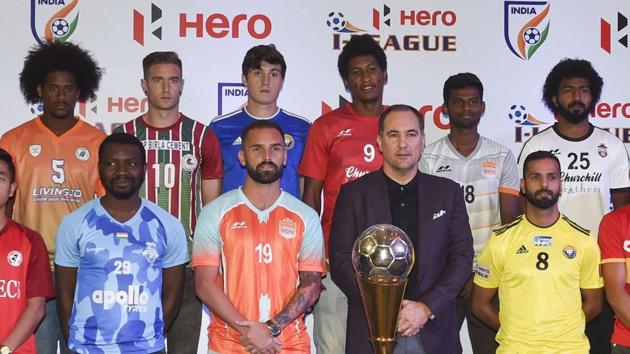 Indian football team coach Igor Stimac along with 11 team members pose for a group photograph during the 13th edition of the Hero I-League official launch, in New Delhi.(PTI)