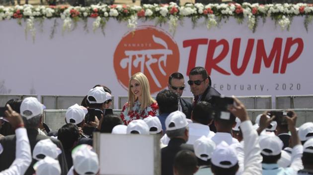 Ivanka Trump, the daughter and adviser to U.S. President Donald Trump, interacts with guests during the 'Namaste Modi' event at Sardar Patel Stadium in Ahmedabad. (Aijaz Rahi / AP)