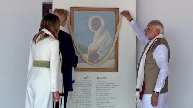 US President Donald Trump along with First Lady Melania Trump and Prime Minister Narendra Modi at Sabarmati Ashram, in Ahmedabad. (ANI)