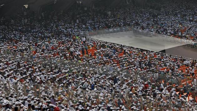 People sit in stands at the Sardar Patel Stadium, where U.S. President Donald Trump addresses the ‘Namaste Trump’ event with Indian Prime Minister Narendra Modi. (REUTERS)
