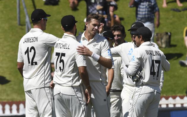 New Zealand's Tim Southee, is congratulated by teamates after taking the final wicket of India's Jasprit Bumrah during the first cricket test between India and New Zealand at the Basin Reserve in Wellington, New Zealand, Monday, Feb. 24, 2020. New Zealand defeated India by ten wickets. (AP Photo/Ross Setford) (AP)