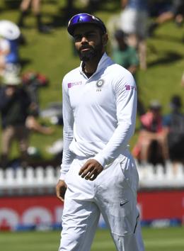 India's captain Virat Kohli walks off the field following his team's ten wicket loss during the first cricket test between India and New Zealand at the Basin Reserve in Wellington, New Zealand, Monday, Feb. 24, 2020. . (AP Photo/Ross Setford) (AP)