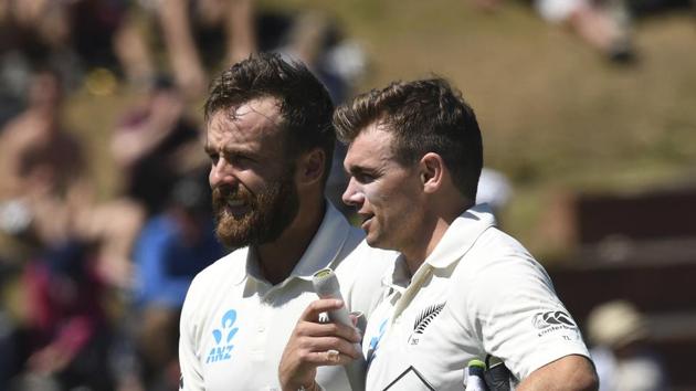 New Zealand's Tom Blundell, left and Tom Latham walk off as New Zealand defeat India by ten wickets during the first cricket test between India and New Zealand at the Basin Reserve in Wellington, New Zealand, Monday, Feb. 24, 2020. (AP Photo/Ross Setford) (AP)