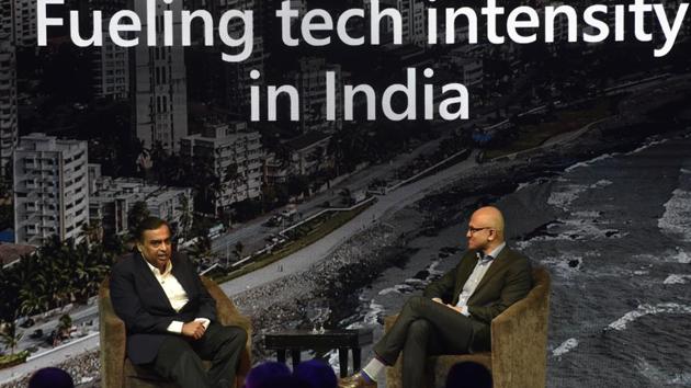 Satya Nadella, CEO, Microsoft interacts with Mukesh Ambani,Chairman and Managing Director, Reliance Industries.(Anshuman Poyrekar/HT Photo) Satya Nadella, CEO, Microsoft interacts with Mukesh Ambani,Chairman and Managing Director, Reliance Industries.(Anshuman Poyrekar/HT Photo)