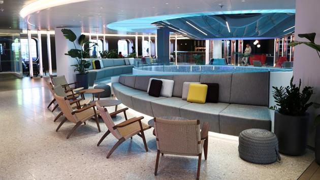 The central atrium is seen on the Virgin Voyages Scarlet Lady cruise liner at Dover Port. (Simon Dawson / REUTERS) The central atrium is seen on the Virgin Voyages Scarlet Lady cruise liner at Dover Port. (Simon Dawson / REUTERS)