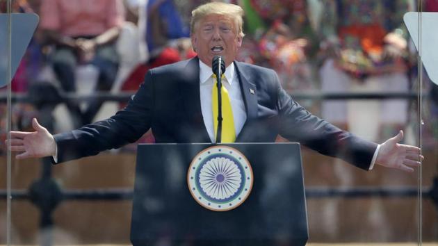 US President Donald Trump speaks at Sardar Patel Stadium in Ahmedabad. (AP) US President Donald Trump speaks at Sardar Patel Stadium in Ahmedabad. (AP)