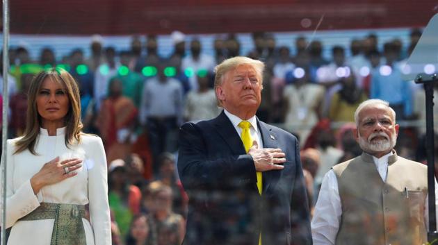 US President Donald Trump and first lady Melania Trump attend the ‘Namaste Trump’ event with Prime Minister Narendra Modi at Sardar Patel Gujarat Stadium in Ahmedabad on Monday.(Reutrs Photo)