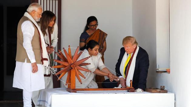 US President Donald Trump, first lady Melania Trump and Indian Prime Minister Narendra Modi visit the Gandhi Ashram in Ahmedabad. Trump signed the guest book, referring to Modi as “my great friend” and thanking him for a “wonderful visit.” (Al Drago / REUTERS)