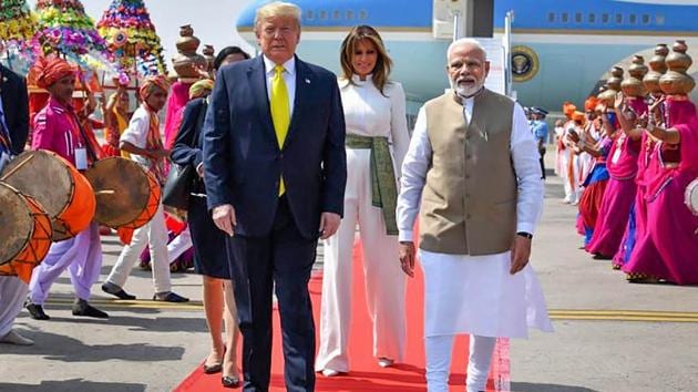 Prime Minister Narendra Modi welcomes US President Donald Trump and First Lady Melania Trump, upon their arrival at the Sardar Vallabhbhai Patel International Airport in Ahmedabad, Monday, Feb. 24, 2020. Trump is on a two-day visit to India. (PTI) Prime Minister Narendra Modi welcomes US President Donald Trump and First Lady Melania Trump, upon their arrival at the Sardar Vallabhbhai Patel International Airport in Ahmedabad, Monday, Feb. 24, 2020. Trump is on a two-day visit to India. (PTI)