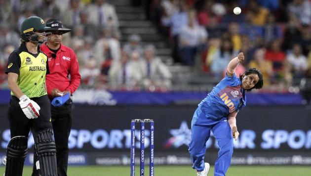 Poonam Yadav, right, bowls against Australia during the first game of the Women's T20 Cricket World Cup.(AP)