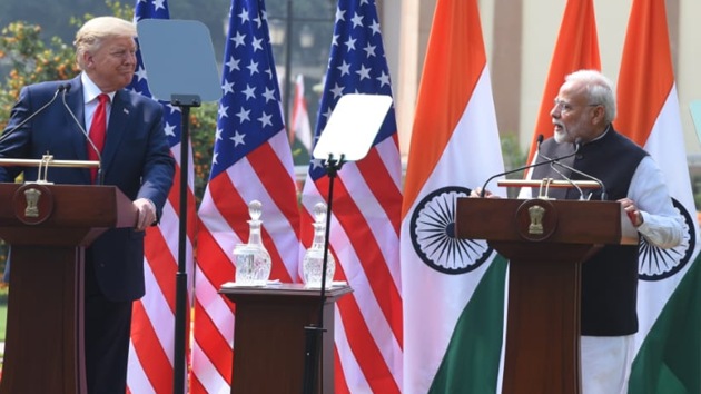 US President Donald Trump and Prime Minister Narendra Modi gave a joint statement at the Hyderabad House, New Delhi, Feb 25, 2020.(Mhd Zakir / HT Photo)