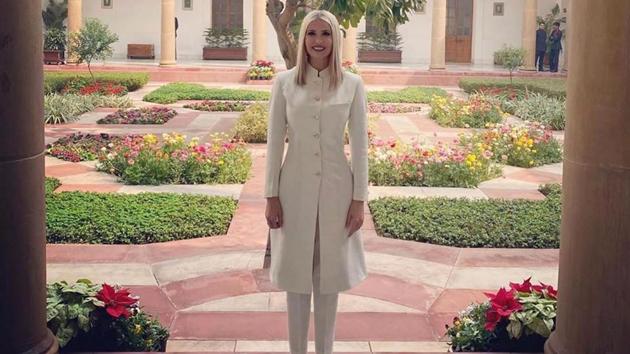 Donald Trump’s daughter, Ivanka’s outfit that really won us over. Ivanka was spotted in a white sherwani made of handwoven silk by India’s very own Anita Dongre.(INSTAGRAM)