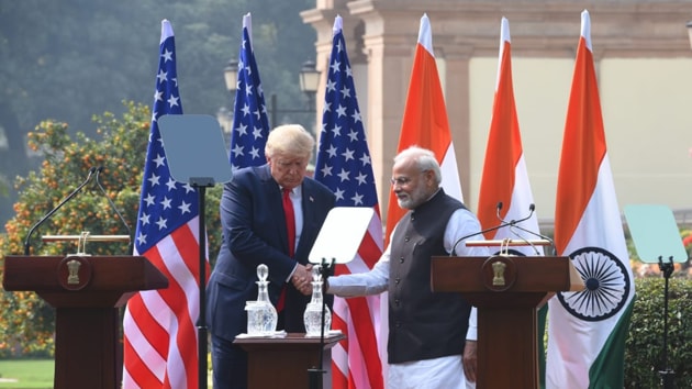 President Donald Trump and Prime Minister Narendra Modi after their meeting at the Hyderabad House.(Mohd Zakir/HT Photo)