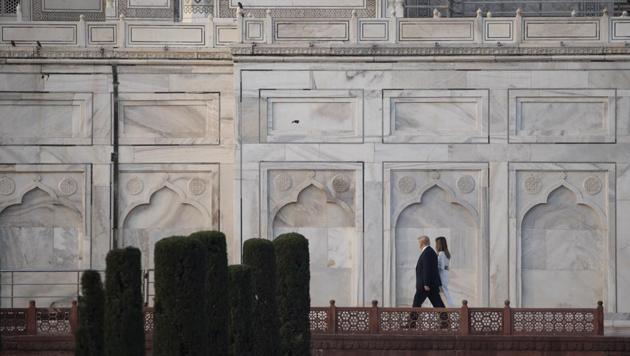 President Donald Trump, with First lady Melania Trump, tour the Taj Mahal.(AP) President Donald Trump, with First lady Melania Trump, tour the Taj Mahal.(AP)