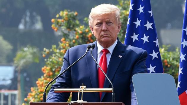 US President Donald Trump speaks during his joint statement with Prime Minister Narendra Modi, at Hyderabad House, in New Delhi on Tuesday.(Mohd Zakir/HT Photo)