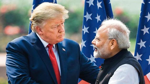 US President Donald Trump with PM Narendra Modi at the joint press briefing at Hyderabad House in New Delhi on Tuesday.(Photo:AFP) US President Donald Trump with PM Narendra Modi at the joint press briefing at Hyderabad House in New Delhi on Tuesday.(Photo:AFP)