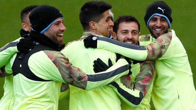 Manchester City's Nicolas Otamendi,Rodrigo, Bernardo Silva and Riyad Mahrez during training.(Action Images via Reuters)