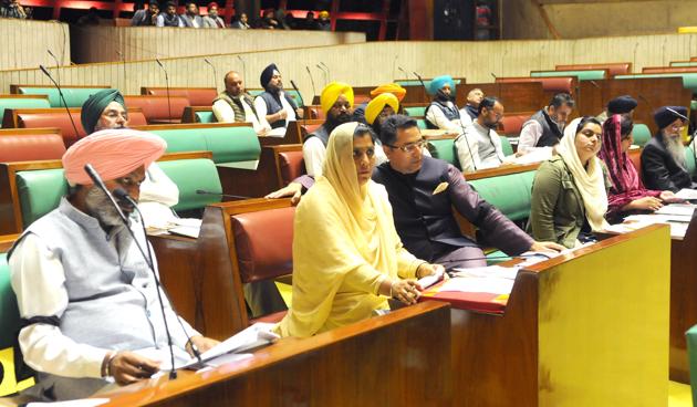 Punjab AAP leaders attending the budget session at the Punjab State Assembly in Chandigarh on Wednesday. (Keshav Singh/HT) Punjab AAP leaders attending the budget session at the Punjab State Assembly in Chandigarh on Wednesday. (Keshav Singh/HT)