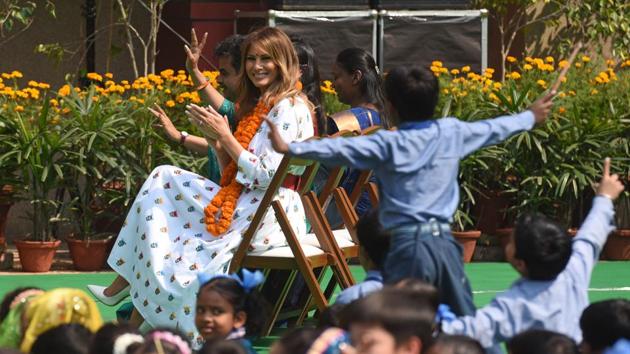First Lady of the United States, Melania Trump during an interaction with students of Sarvodaya Co-Educational Senior Secondary School during a visit to a Delhi Government School. (Sanchit Khanna/HT PHOTO) First Lady of the United States, Melania Trump during an interaction with students of Sarvodaya Co-Educational Senior Secondary School during a visit to a Delhi Government School. (Sanchit Khanna/HT PHOTO)