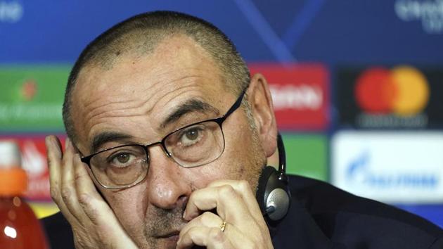 Juventus head coach Maurizio Sarri answers to journalists during a press conference in Decines, near Lyon, central France, Tuesday, Feb. 25, 2020. Juventus will play against Lyon in a Champions League, round of 16th, first leg match on Wednesday,. (AP Photo/Laurent Cipriani)(AP)