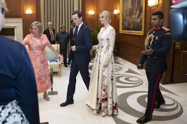 White House Senior Adviser Jared Kushner and his wife Ivanka Trump arrive for a state banquet at Rashtrapati Bhavan.(AP Photo/Alex Brandon, Pool)