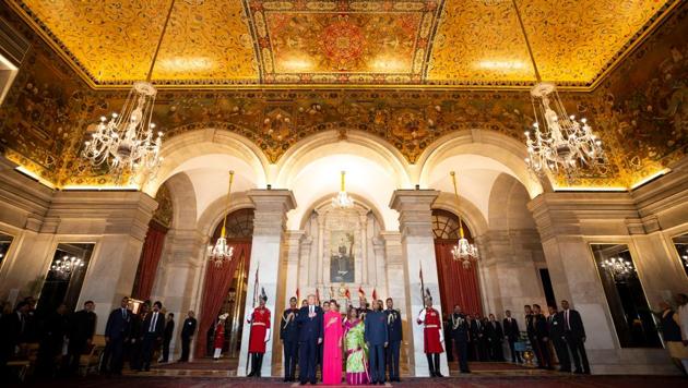 President Donald Trump and first lady Melania Trump stand with Indian President Ram Nath Kovind and his wife Savita Kovind during the playing of the national anthem at a state banquet at Rashtrapati Bhavan, in New Delhi.(REUTERS)