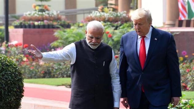 Prime Minister Narendra Modi and US President Donald Trump arrive to address a joint statement, at Hyderabad House, in New Delhi. (Mohd Zakir/HT PHOTO) Prime Minister Narendra Modi and US President Donald Trump arrive to address a joint statement, at Hyderabad House, in New Delhi. (Mohd Zakir/HT PHOTO)