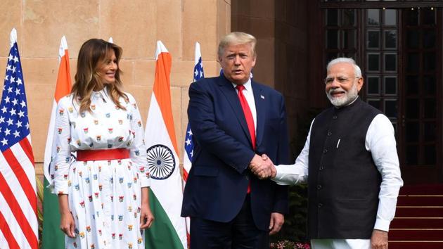 Prime Minister Narendra Modi with US President Donald Trump and First Lady Melania Trump, at Hyderabad House in New Delhi.(Mohd Zakir/HT PHOTO)