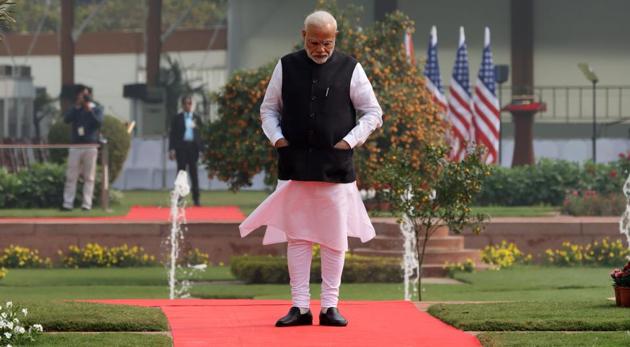 Narendra Modi, India's prime minister, waits for the arrival of U.S President Donald Trump, not pictured, at Hyderabad House in New Delhi, India, on Tuesday, Feb. 25, 2020. Trump met his Indian counterpart in the capital, amid growing tensions between rival protesters in the capital, with a host of critical issues from defense to regional security on the agenda. Photographer: T. Narayan/Bloomberg (Bloomberg) Narendra Modi, India's prime minister, waits for the arrival of U.S President Donald Trump, not pictured, at Hyderabad House in New Delhi, India, on Tuesday, Feb. 25, 2020. Trump met his Indian counterpart in the capital, amid growing tensions between rival protesters in the capital, with a host of critical issues from defense to regional security on the agenda. Photographer: T. Narayan/Bloomberg (Bloomberg)