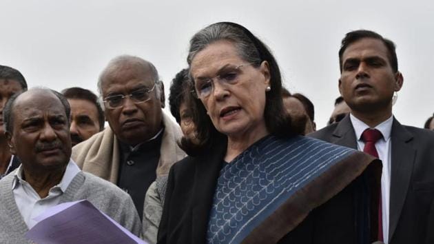Congress president Sonia Gandhi after submitting a memorandum to president in New Delhi on Thursday. (Photo by Sanjeev Verma/HT)
