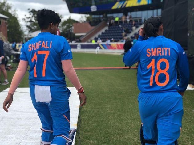 Openers Shafali Verma and Smriti Mandhana make their way on to the pitch during India’s ICC Women’s World Cup clash against New Zealand at Junction Oval in Melbourne on Thursday. (ICC/ Twitter)
