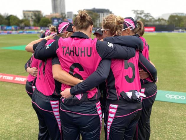 New Zealand players speak in a huddle before their ICC Women’s World Cup clash against India at Junction Oval in Melbourne on Thursday. (ICC/ Twitter)