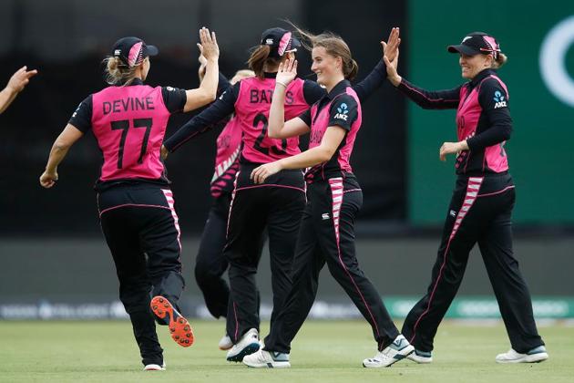 New Zealand players celebrate the fall of a wicket during their ICC Women’s World Cup clash against India at Junction Oval in Melbourne on Thursday. (ICC/ Twitter)
