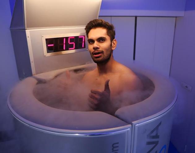 Temperatures typically drop to -150 degrees in a cryotherapy chamber, but since it is just cold air swirling around the body, it apparently feels no more uncomfortable than standing in a meat locker. What the cold air does quite effectively, doctors say, is send the body into survival mode, forcing a rush of blood — and with it, oxygen and nutrients — to your core and your vital organs.(Photo courtesy Yugeva Cryo)