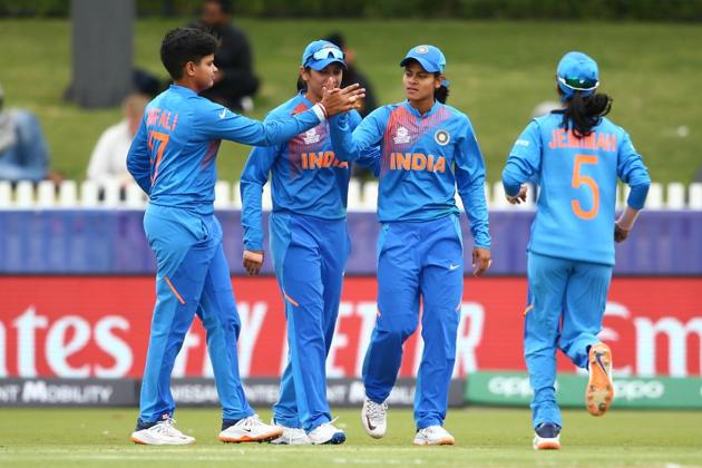 India players celebrate during their ICC Women’s World Cup clash against New Zealand at Junction Oval in Melbourne on Thursday. (ICC/ twitter)
