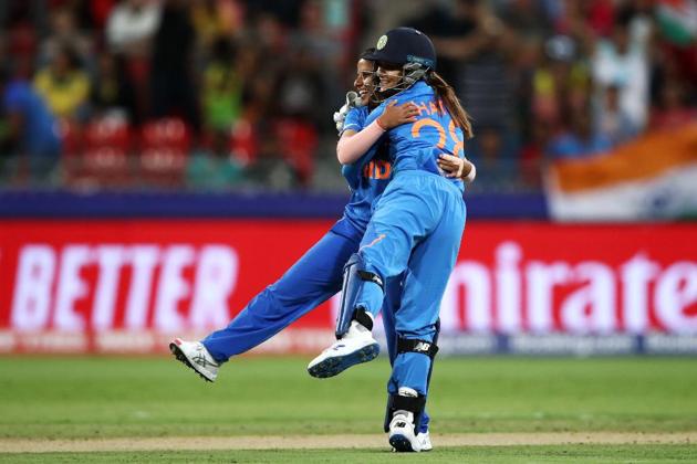 Poonam Yadav hugs Taniya Bhatiya after India’s ICC Women’s World Cup clash against New Zealand at Junction Oval in Melbourne on Thursday. (icc/ twitter)