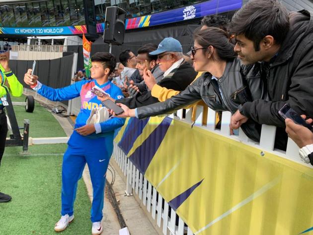 Shafali Verma poses for a photo after India’s ICC Women’s World Cup clash against New Zealand at Junction Oval in Melbourne on Thursday. (icc/ twitter)