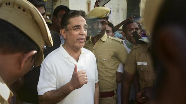Actor-politician and Makkal Needhi Maiam founder Kamal Haasan comes out of a mortuary after paying homage to three of the victims, who died after a crane crashed on the sets of upcoming film Indian 2.(PTI)