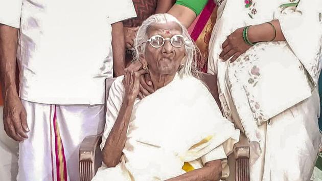 A Kerala State Literacy Mission official visited 105-year-old Bhageerathi Amma, who became the eldest in the country to pass fourth standard equivalency examination, at Kollam, Wednesday, Feb. 5, 2020. (PTI) A Kerala State Literacy Mission official visited 105-year-old Bhageerathi Amma, who became the eldest in the country to pass fourth standard equivalency examination, at Kollam, Wednesday, Feb. 5, 2020. (PTI)