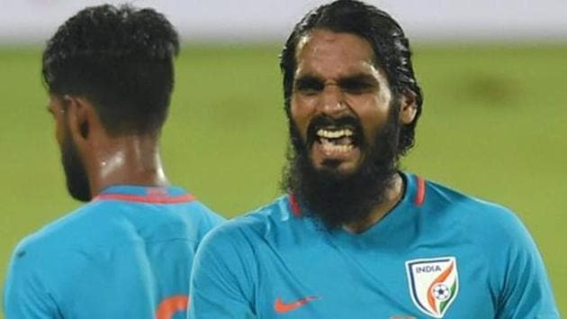 Mumbai: India captain Sandesh Jhingan celebrates after victory against Mauritius during the Tri -Nation Series International friendly match in Mumbai on Saturday. PTI Photo Shashank Parade (PTI8_19_2017_000164A)(PTI)