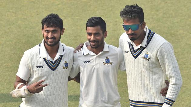 Kolkata: Bengal skipper Abhimanyu Easwaran flanked by his two teammates Abhishek Kumar Raman and Ishan Porel (PTI) Kolkata: Bengal skipper Abhimanyu Easwaran flanked by his two teammates Abhishek Kumar Raman and Ishan Porel (PTI)