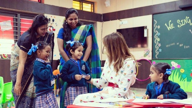 FLOTUS Melania Trump interacting with students of a Delhi govt school(Twitter/ FLOTUS) FLOTUS Melania Trump interacting with students of a Delhi govt school(Twitter/ FLOTUS)
