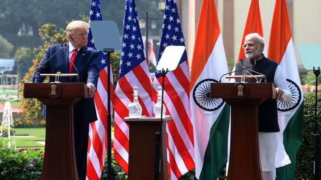 Prime Minister Narendra Modi and US President Donald Trump giving joint statement after their meeting at Hyderabad house in New Delhi on February 25, 2020.(Photo: Mohd Zakir/ Hindustan Times)