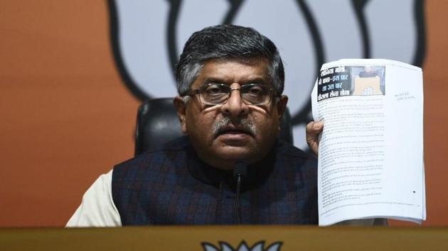 Union Minister, Shri Ravi Shankar Prasad address a press conference at BJP Headquarter at DDU Marg. (Photo Vipin Kumar/HT) Union Minister, Shri Ravi Shankar Prasad address a press conference at BJP Headquarter at DDU Marg. (Photo Vipin Kumar/HT)